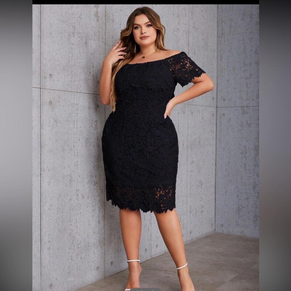 SHEIN Plus Off Shoulder Guipure Lace Overlay Dress
